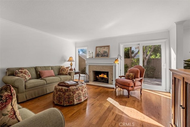 living room featuring ornamental molding, light hardwood / wood-style flooring, and plenty of natural light