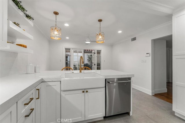 kitchen with dishwasher, crown molding, pendant lighting, sink, and white cabinetry