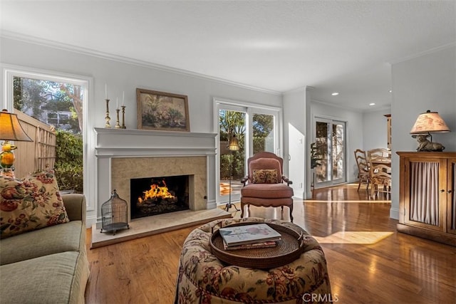 living room featuring crown molding, a healthy amount of sunlight, a fireplace, and wood finished floors