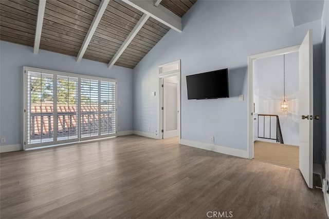 unfurnished living room featuring wood finished floors, high vaulted ceiling, wooden ceiling, beamed ceiling, and baseboards