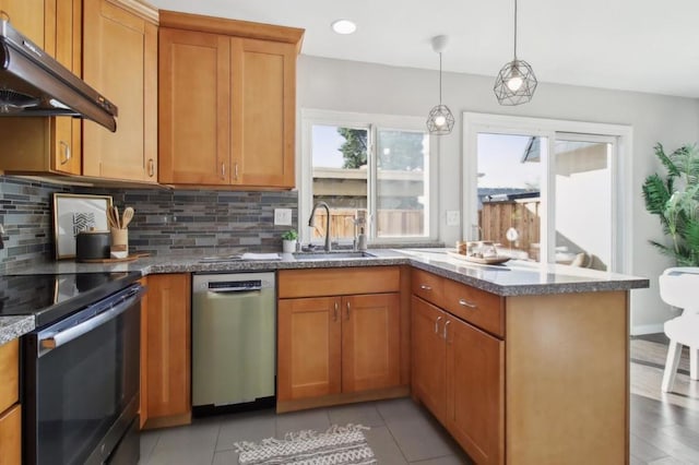 kitchen with sink, tasteful backsplash, exhaust hood, pendant lighting, and appliances with stainless steel finishes