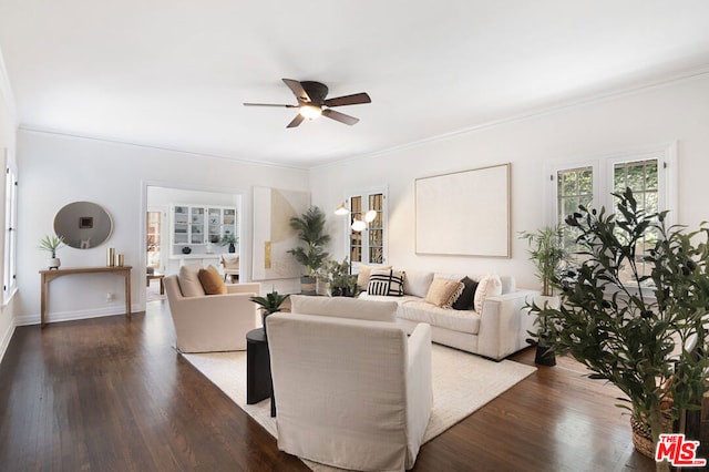 living room with ceiling fan, dark hardwood / wood-style floors, and ornamental molding