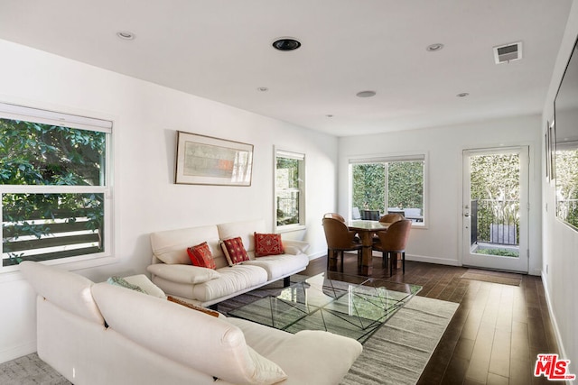 living room with dark hardwood / wood-style floors