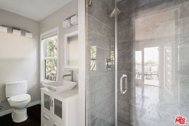 bathroom featuring toilet, walk in shower, and vanity