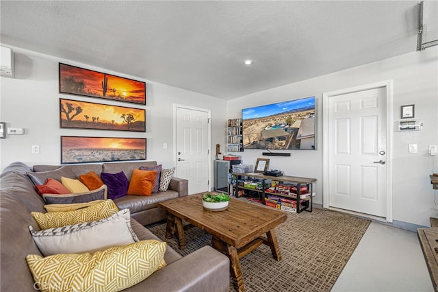 living room featuring a textured ceiling