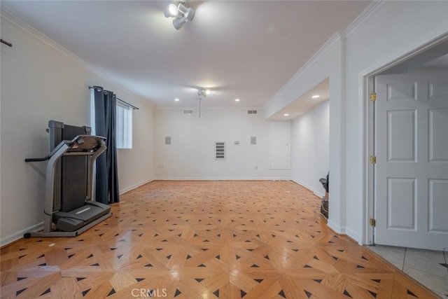 living room featuring ornamental molding and light parquet floors