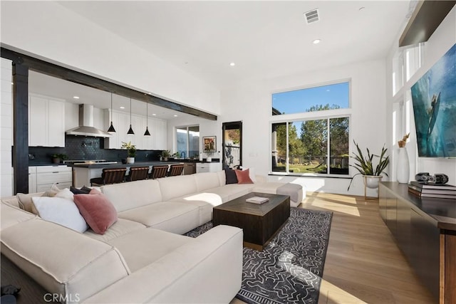 living room with light hardwood / wood-style flooring