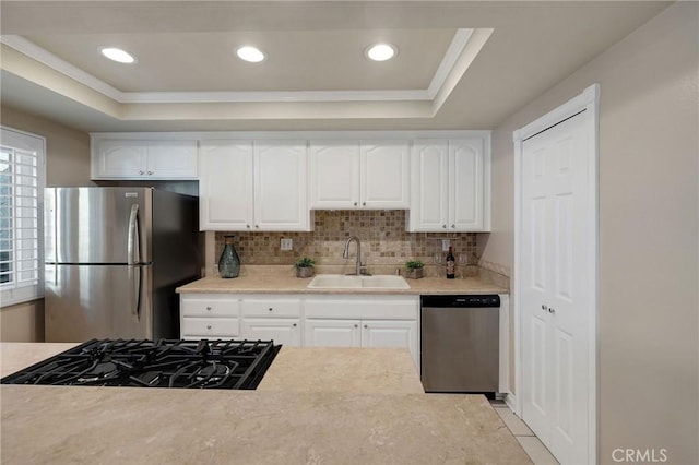 kitchen with white cabinets, a raised ceiling, appliances with stainless steel finishes, and sink