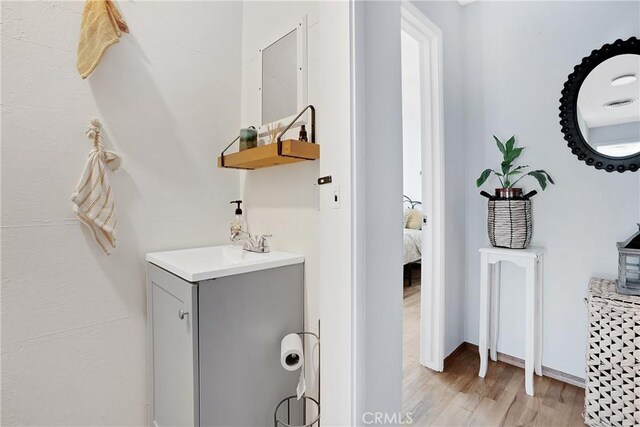 bathroom with vanity and wood-type flooring