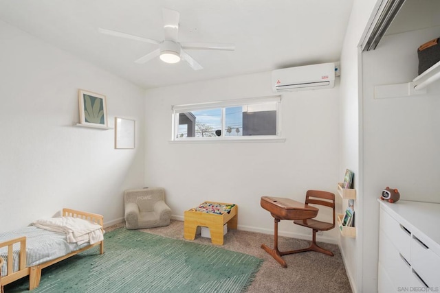 carpeted bedroom with an AC wall unit and ceiling fan