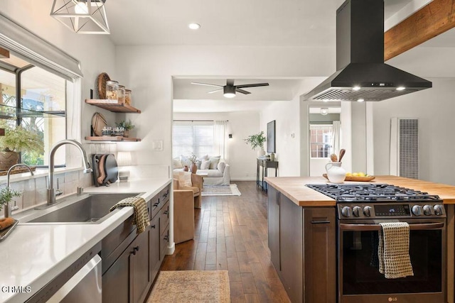 kitchen featuring island range hood, wooden counters, dark hardwood / wood-style flooring, appliances with stainless steel finishes, and sink