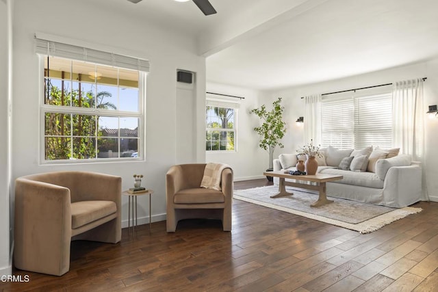 living room featuring ceiling fan and dark hardwood / wood-style floors