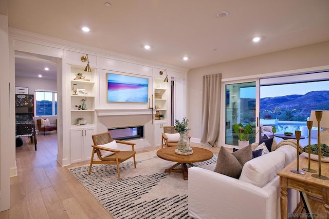 living room with built in features and light hardwood / wood-style flooring