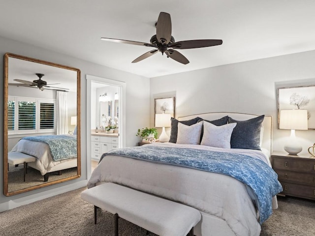 bedroom with ceiling fan, carpet floors, and ensuite bath