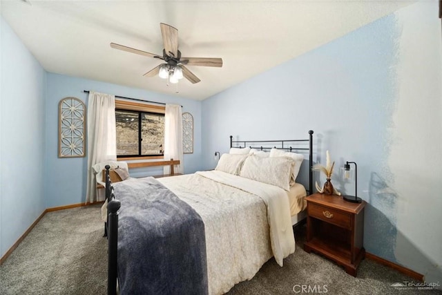 bedroom with ceiling fan and carpet floors