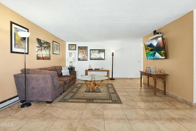 living room featuring a textured ceiling and baseboard heating