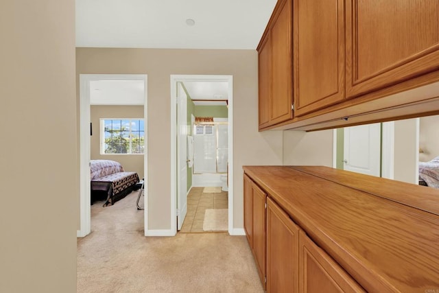 interior space featuring light colored carpet