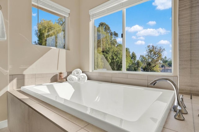 bathroom featuring tile patterned flooring, a healthy amount of sunlight, and a washtub