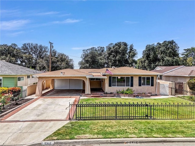 1307 N O Malley Ave, Covina, CA 91722 - ranch-style home featuring a fenced front yard, driveway, stucco siding, and an attached carport