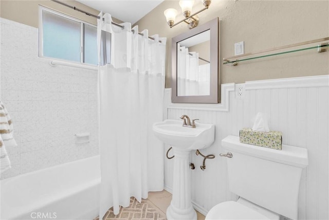 1307 N O Malley Ave, Covina, CA 91722 - bathroom with a wainscoted wall, shower / tub combo with curtain, and tile patterned flooring