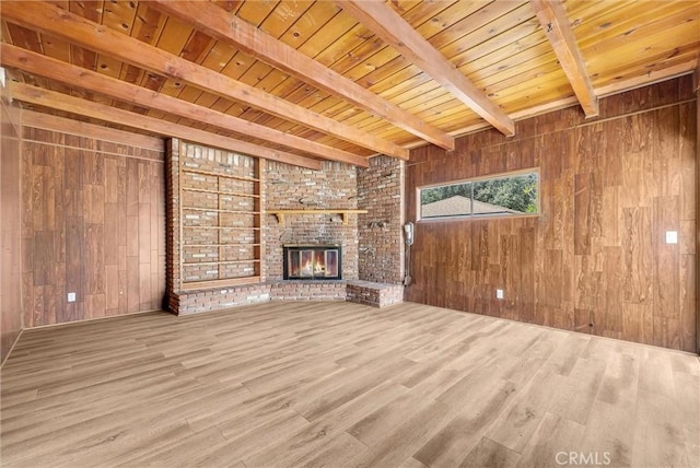 1307 N O Malley Ave, Covina, CA 91722 - unfurnished living room with wooden walls, wooden ceiling with exposed beams, wood finished floors, and a fireplace
