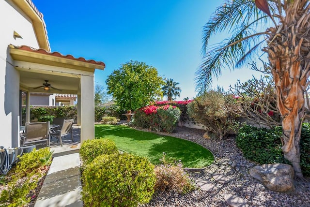 view of yard featuring ceiling fan and a patio