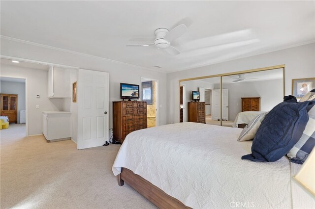 carpeted bedroom with ceiling fan, a closet, and crown molding