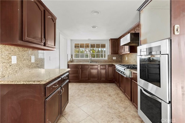 kitchen with ventilation hood, appliances with stainless steel finishes, decorative backsplash, light stone countertops, and sink