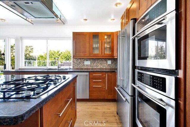 kitchen featuring sink, light wood-type flooring, backsplash, premium range hood, and appliances with stainless steel finishes