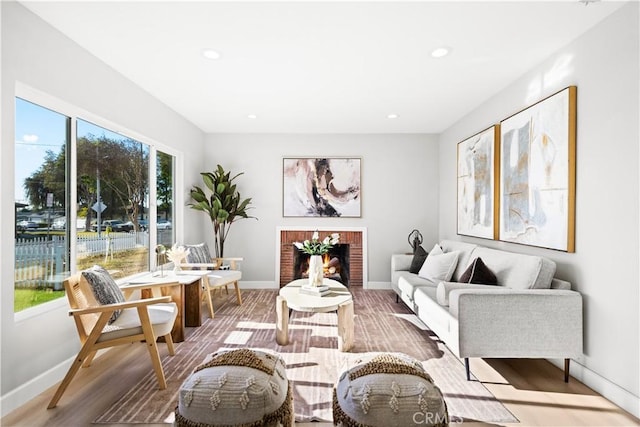 living room featuring a fireplace