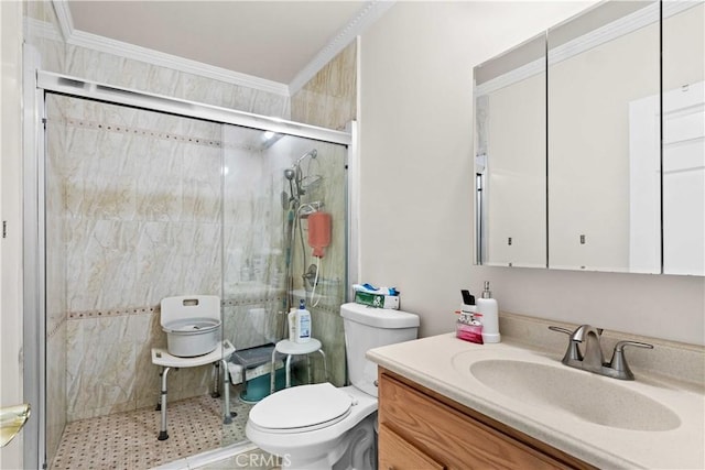 bathroom with toilet, an enclosed shower, vanity, and crown molding