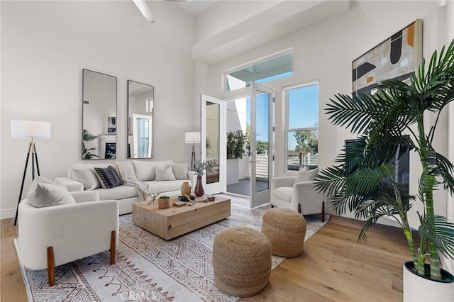 living room featuring a high ceiling and light wood-type flooring