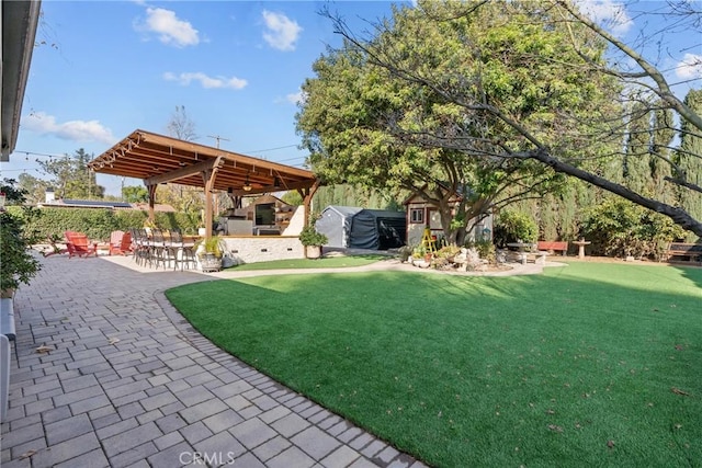 view of yard featuring an outbuilding, a patio, and a shed