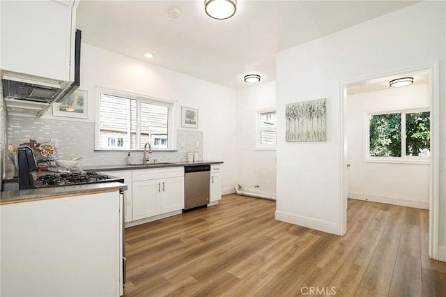 kitchen featuring stainless steel dishwasher, a healthy amount of sunlight, decorative backsplash, white cabinets, and sink