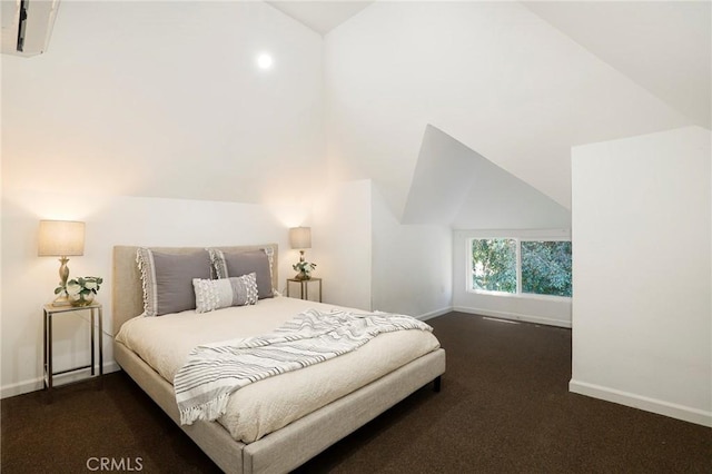 carpeted bedroom featuring vaulted ceiling