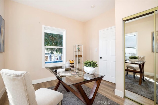 home office with hardwood / wood-style flooring