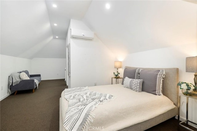 carpeted bedroom featuring lofted ceiling and a wall unit AC