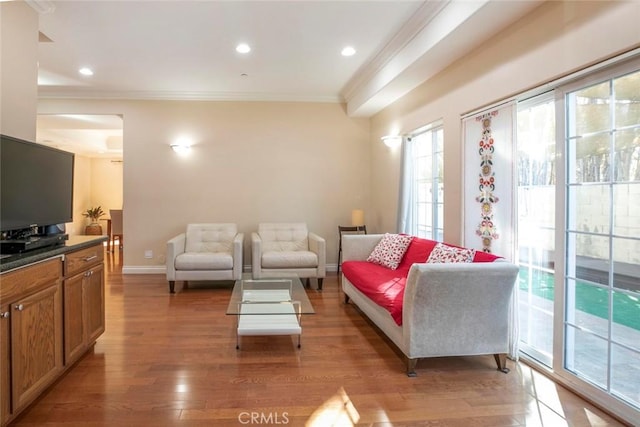 living room with crown molding and light hardwood / wood-style floors