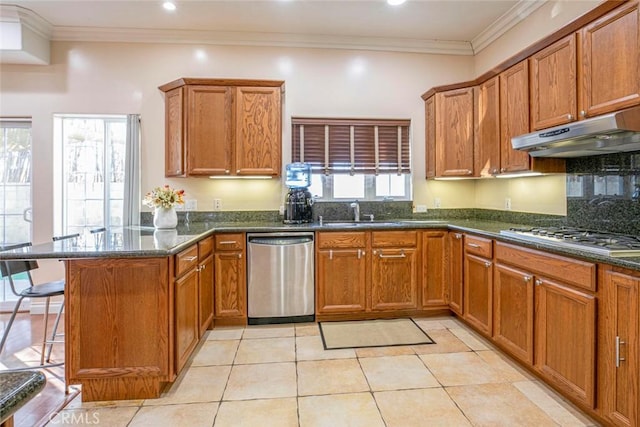 kitchen featuring sink, crown molding, dark stone countertops, appliances with stainless steel finishes, and kitchen peninsula