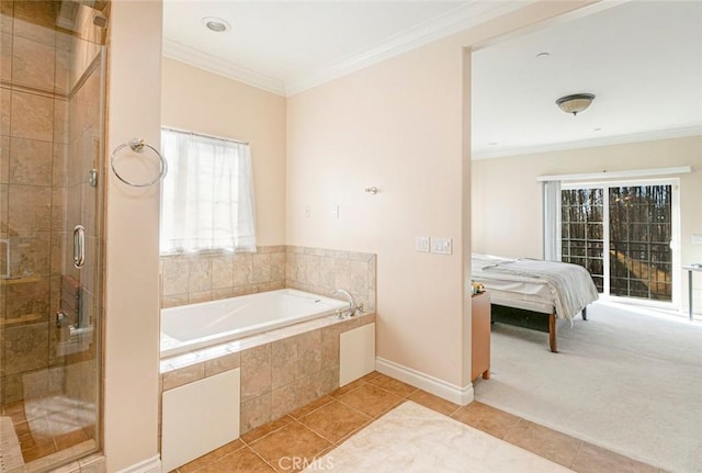 bathroom featuring tile patterned flooring, ornamental molding, and plus walk in shower