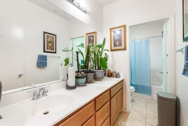 full bathroom featuring shower / bath combo, tile patterned floors, vanity, and toilet