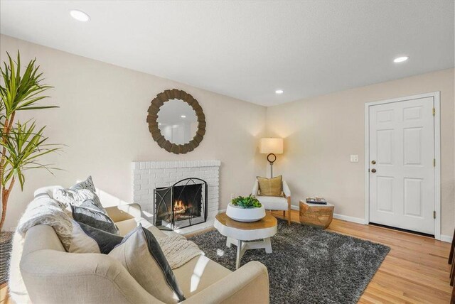 living room with a fireplace and hardwood / wood-style floors