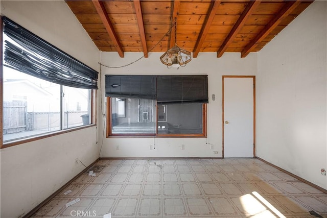 unfurnished room with an inviting chandelier, vaulted ceiling with beams, and wood ceiling