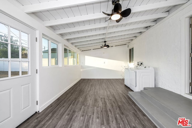 unfurnished sunroom with separate washer and dryer, ceiling fan, and vaulted ceiling with beams