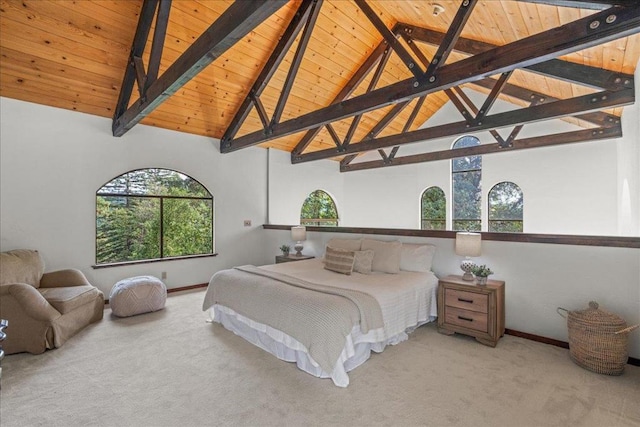 bedroom with light carpet, wood ceiling, beam ceiling, and high vaulted ceiling