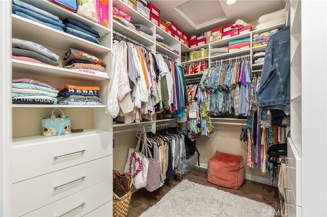 walk in closet with dark wood-type flooring