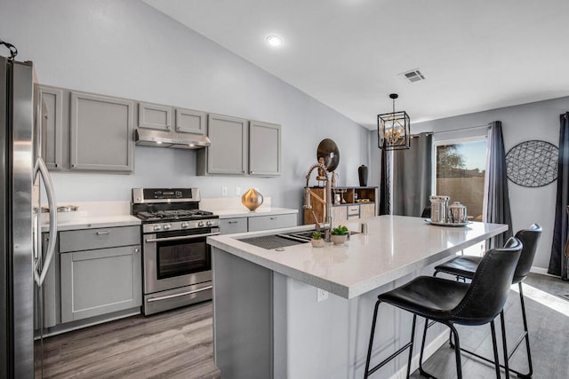 kitchen with light hardwood / wood-style flooring, hanging light fixtures, a center island with sink, a notable chandelier, and appliances with stainless steel finishes