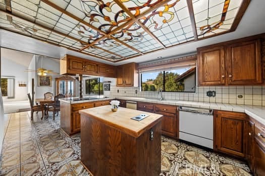 kitchen with sink, a kitchen island, tasteful backsplash, and dishwasher