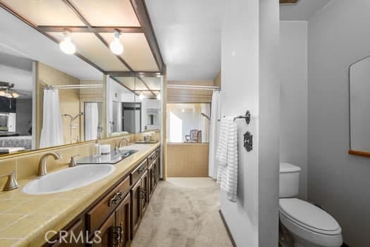 bathroom with toilet, curtained shower, and vanity