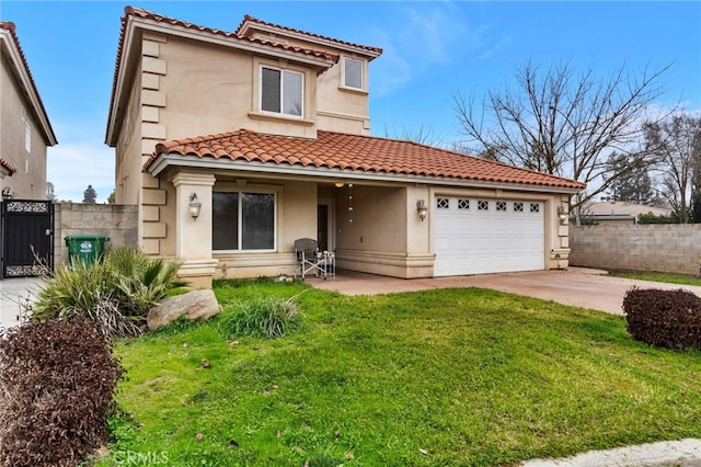 mediterranean / spanish-style house featuring a garage and a front lawn